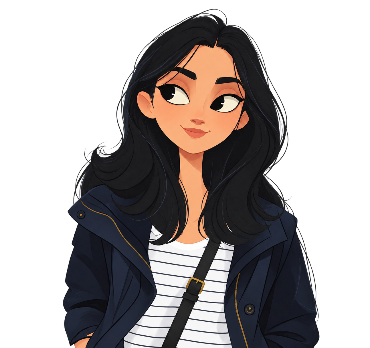 Illustrated portrait of Tharanie with long dark hair and a navy jacket