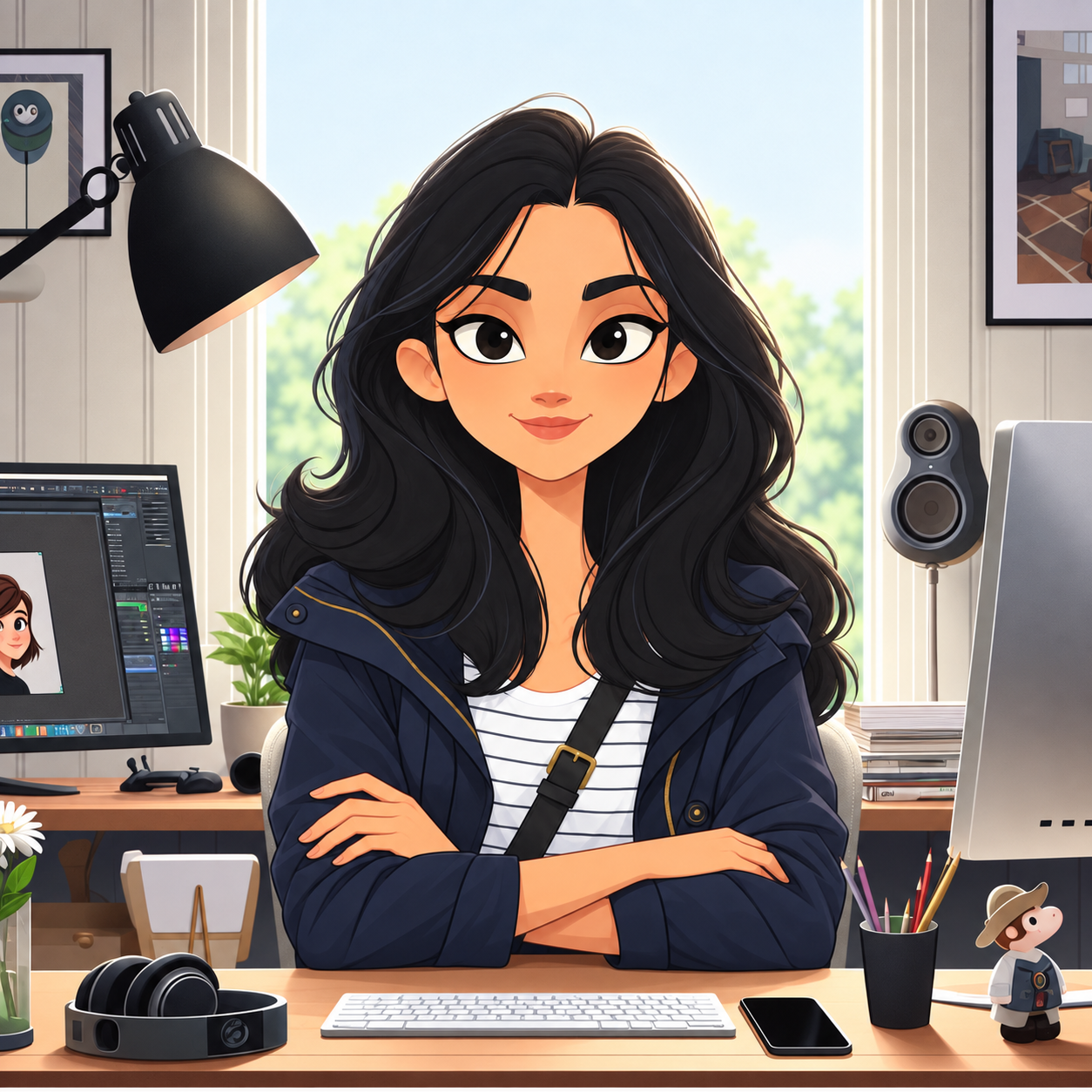 An illustration of Tharanie at her creative studio desk.